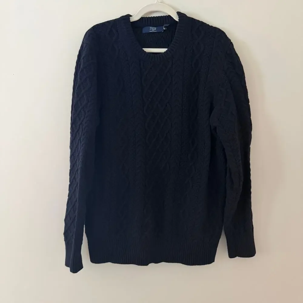 J Crew 100% Cotton Cable Knit Fisherman Style Navy Blue Crewneck Sweater Sz Lg‎